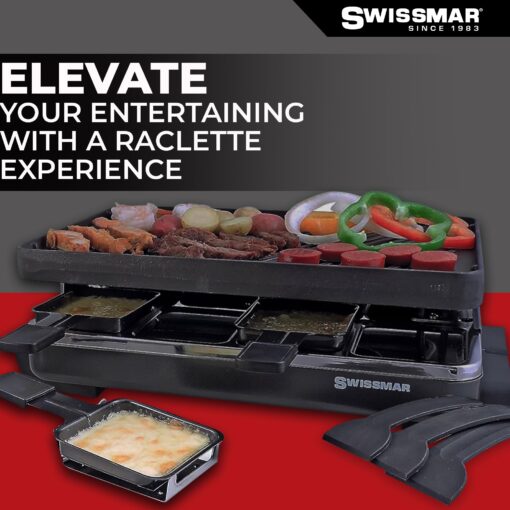 Swissmar Classic 8-Person Raclette Party Grill - Indoor Electric Grill & Griller with Reversible Cast Iron Grill Plate/Crepe Top - Anthracite Black - Image 6