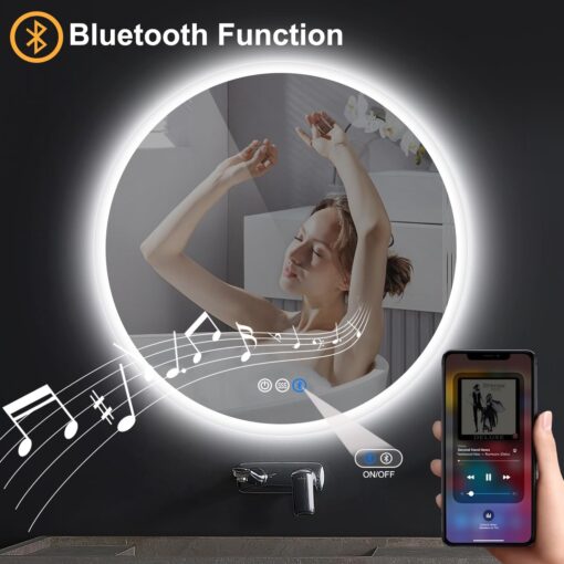 S·BAGNO 40’’ Round Led Bathroom Mirror with Lights, Backlit and Front Lighted, Anti-Fog Wall-Mounted Vanity Mirror 3000K/4000K/6500K, Dimmable Inside Bluetooth Speaker Smart Mirror - Image 6