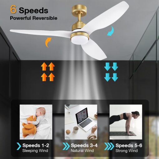 52 Inch Smart Ceiling Fans with Lights and Remote,Dimmable LED Light,Outdoor Indoor Gold White Ceiling Fan,Quiet DC Motor,High CFM 6 Speed,WIFI Alexa App Workable,for Bedroom Living Room Patio - Image 5