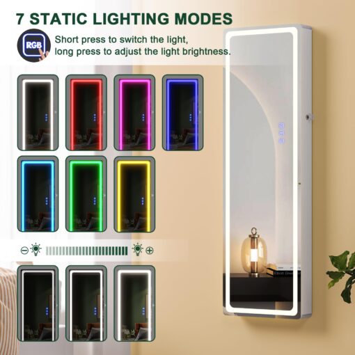 HNEBC LED Mirror Jewelry Cabinet with RGB Lights,47.2" Wall Mounted Jewelry Organizer with Full-Length Mirror,Over The Door Hanging Jewelry Armoire Storage Cabinet,Folding Dresser,2 Drawers,Lockable - Image 5