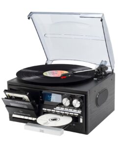 9-in-1 Vintage Turntable Record Player with Bluetooth, Built-in Speakers, AM/FM Radio, CD & Cassette Playback, USB/SD/MMC Support, Remote Control, Aux Input, RCA Output Black