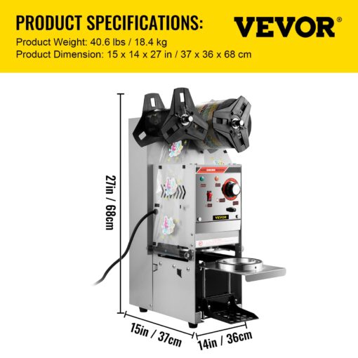 VEVOR Semi-automatic Cup Sealing Machine, 300-500 Cup/h Tea Cup Sealer Machine, Silver Boba Cup Sealer Machine, 90/95mm Cup Diameter Boba Cup Sealing Machine with Control Panel for Bubble Milk Tea - Image 4
