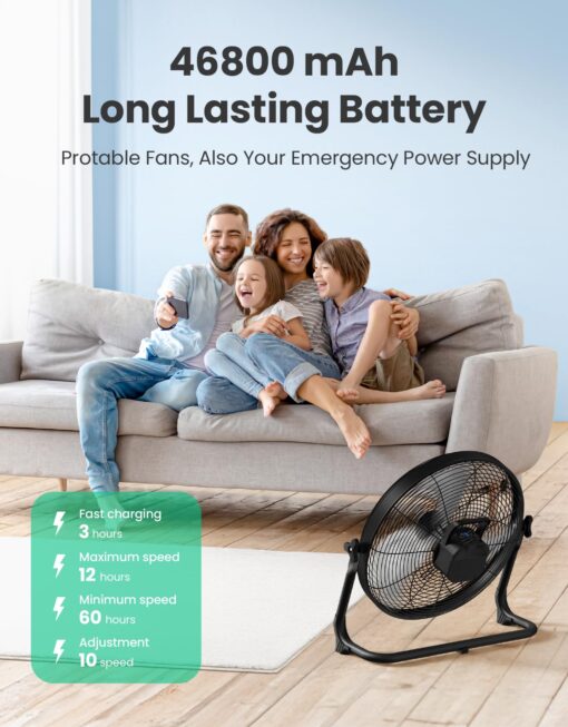 18" Portable Battery Operated Fan, Rechargeable Floor Fan, Hi-Velocity Cordless Camping Fan, Hi-Airflow Industrial Wireless Fan, Quiet Fan, USB Phone Charge, 12-60H Runtime, For Home, Outdoor, Garage - Image 7