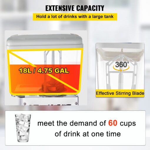 VEVOR 110V Commercial Beverage Dispenser,4.8 Gallon 18L Juice Dispenser Commercial,200W Stainless Steel Food Grade Material Ice Tea Drink Dispenser,Equipped with Thermostat Controller - Image 7