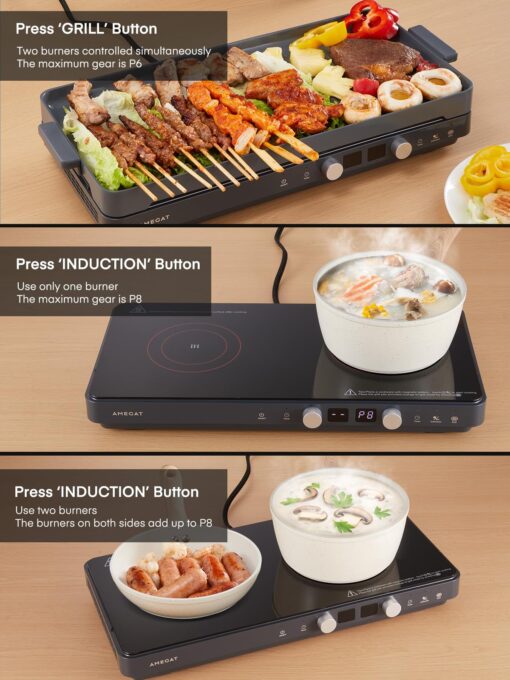 Double Induction Cooktops, Induction Cooktop 2 Burners with Removable Iron Cast Griddle Pan Non-stick, Sensor Touch 8 Power Levels, Independent Temperature Control - Image 6