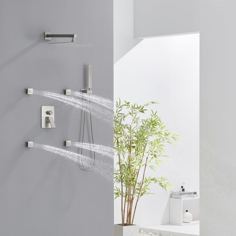 Iriber Brushed Nickel Square Rain Shower System with 4 PCS Body Jets 3 Function Shower Faucet Set Wall Mounted Pressure Balance Shower Trim Kit (Valve Included) - Image 7
