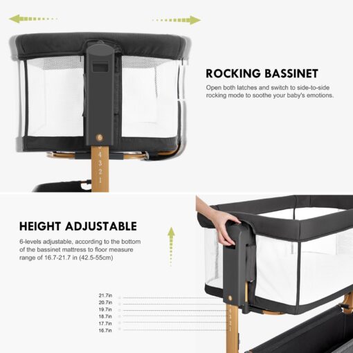 Baby Bassinet with Wheels, Bedside Bassinets for Baby, 3 in 1 Rocking Bassinet Bedside Sleeper Mesh & Mattress, Height Adjustable Bed Side Bassinet, Cosleeping Bedside Crib (Black) - Image 5