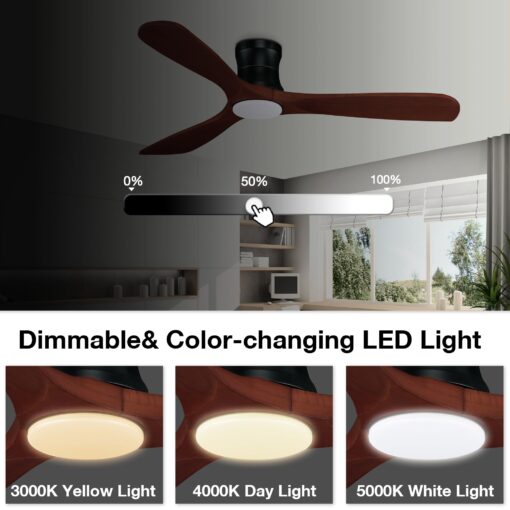 52” Smart Low Profile Ceiling Fans with Lights Remote,3 Wood blade,Quiet DC Motor,Outdoor Indoor Flush Mount Ceiling Fan,Voice Control via WIFI Alexa App,Modern Lighting& Ceiling fan for Bedroom Patio - Image 6