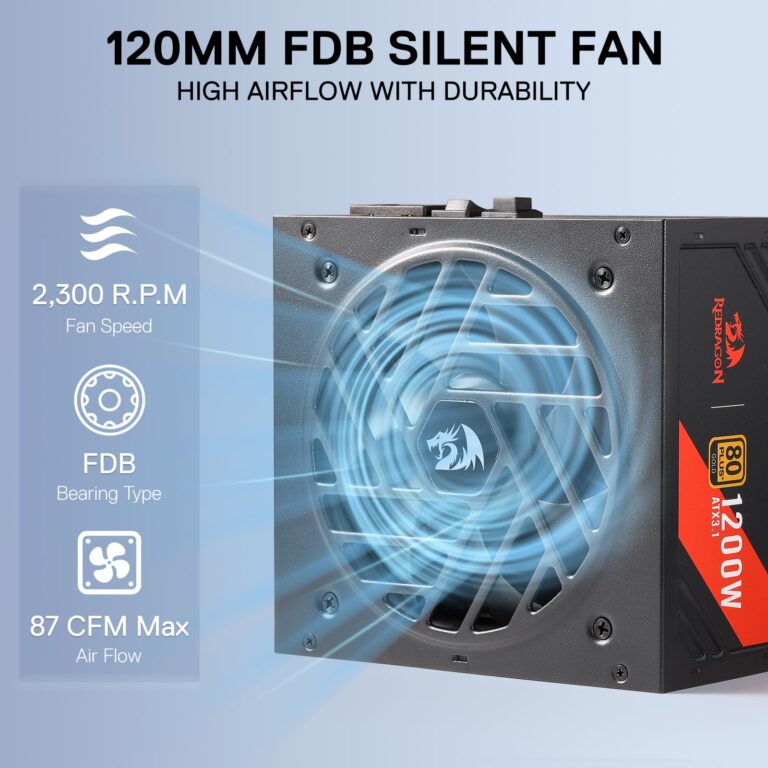 Redragon RGMS-1200W PRO 80+ Gold 1200 Watt Power Supply w/Upgraded ATX 3.1 & PCIe 5.1 Fully Modular, Compact 150mm Size, Smart ECO Low Noise Fan, 100% Japanese Capacitors, Full Mod Cables - Image 6