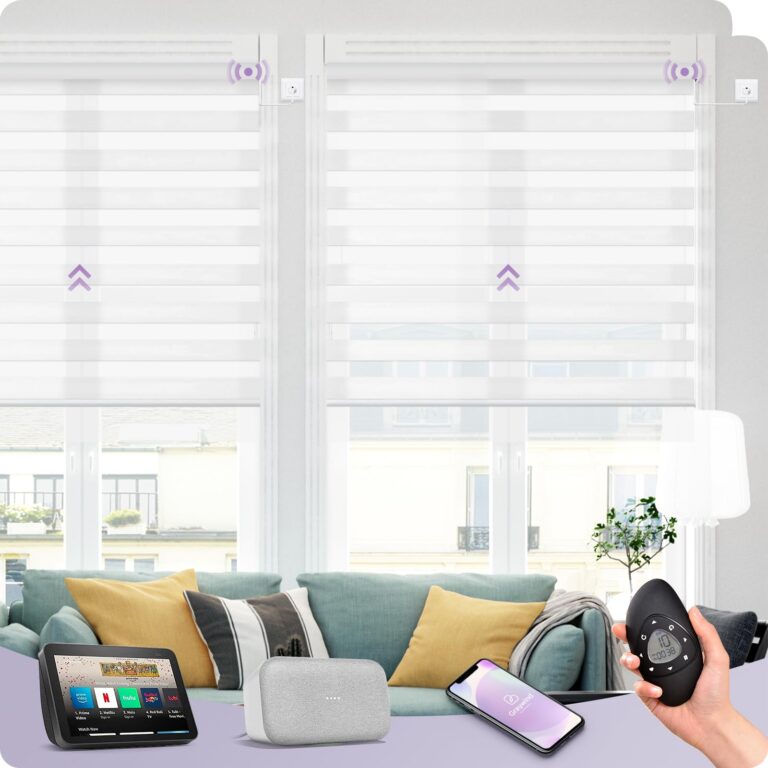 Graywind Motorized Horizontal Zebra Blinds Compatible with Alexa Google WiFi Smart Home Hardwired Plug-in Shades Light Filtering Electric Window Blind, Customized Size (Wool-Like White)