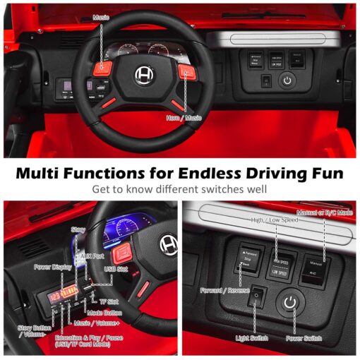 Costzon 2-Seater Ride on Truck, 12V Battery Powered Electric Vehicle Toy w/Remote Control, 3 Speed, LED Lights, MP3, Horn, Music, 2 Doors Open, Spring Suspension, Ride on Car for Kids (Red) - Image 5
