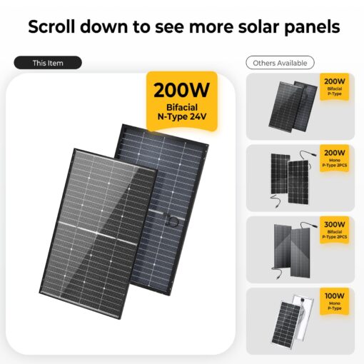 BougeRV 24V N-Type 16BB 200W Bifacial Solar Panel, 24V 200 Watt Solar Panel, for RV Camping Boat Marine Log Cabin Roof, Charing Golf Cart Lithium Battery, Black Frame (1PCS) - Image 2