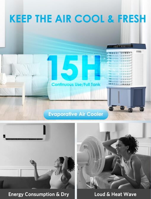 Air Choice Swamp Cooler, 1800 CFM Portable Evaporative Air Cooler with 6 Ice Box & 5.3 Gal Water Tank, 110° Swing, 3 Speeds, Upgraded Remote, 12H Timer, 3-in-1 Air Cooling Fan for Outdoor Indoor, Blue - Image 3