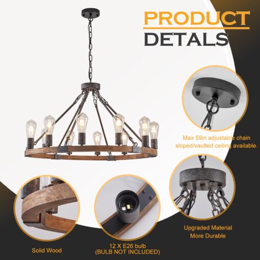 Benkut Farmhouse Wagon Wheel Chandelier 31" Black Rustic Light Fixtures 12-Light Wood Round Chandelier for Dining Room Living Room Entryway Foyer - Image 8