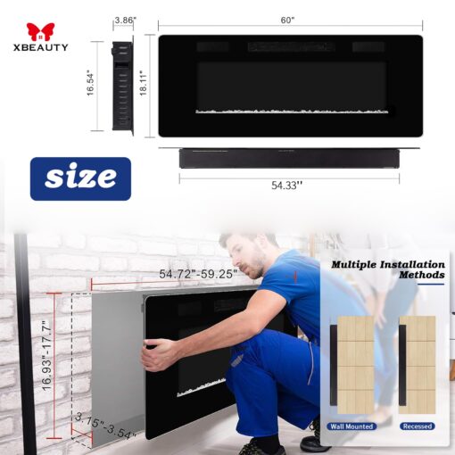 60" Electric Fireplace in-Wall Recessed and Wall Mounted 1500W Fireplace Heater and Linear Fireplace with Timer/Multicolor Flames/Touch Screen/Remote Control - Image 5
