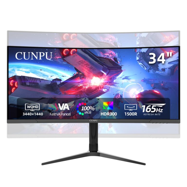 CUNPU 34 Inch UltraWide Curved Gaming Monitor, WQHD 3440x1440p 165Hz Monitor, HVA Panel, 1500R Curvature, sRGB 100%, HDR 300, FREESYNC, Height/Tilt/Swivel Adjustable Stand, HDMI/DisplayPort