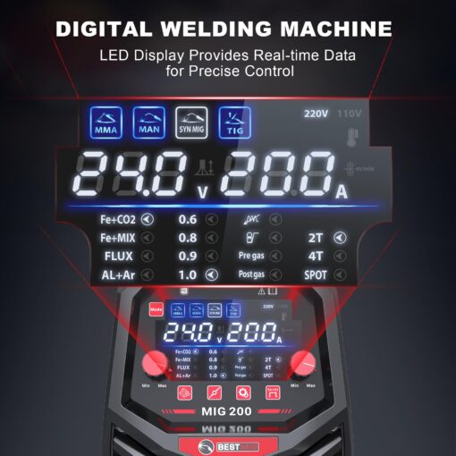 BESTMIG 200A MIG Welder - 6-in-1 IGBT Inverter Welding Machine, Gas/Gasless Flux Core, Stick, Lift TIG, Spot & Spool Gun - Portable 110V/220V Equipment - Image 5