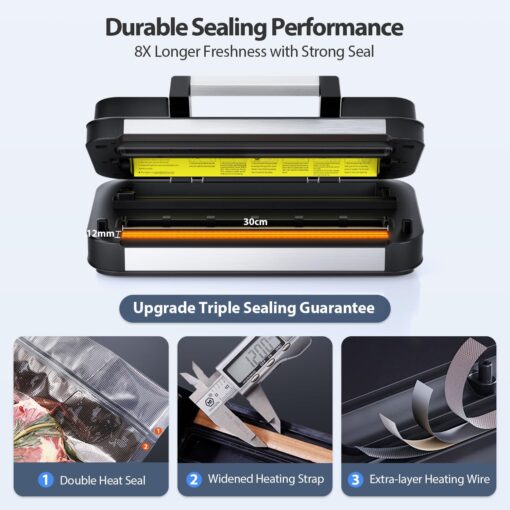 95Kpa Powerful Precision Pro Vacuum Sealer, with 10-in-1 Functions, Easy-Lock Handle, Double Heat Seal & Double Pump, Vacuum Sealer Machine for Food with Bags Storage, Built-in Cutter,Stainless Steel - Image 3