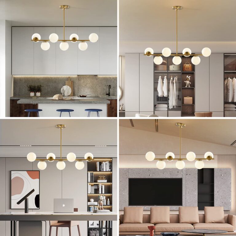 KCO Lighting Modern Brass Linear Chandelier Pendant Light 7-Lights Gold and White Glass Pendant Lighting Mid Century Globe Dining Light Fixture for Living Room Kitchen - Image 5