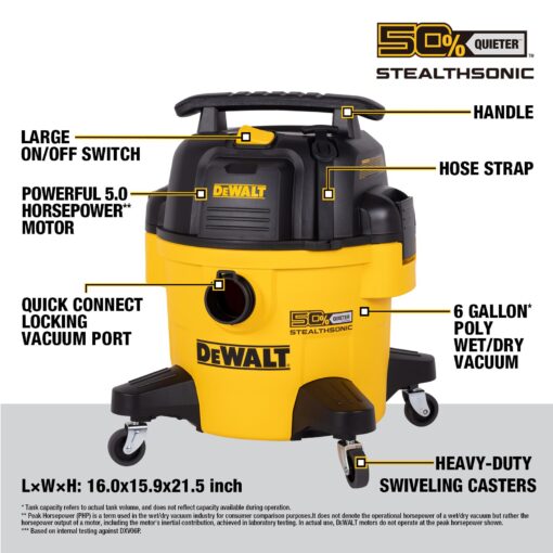 DEWALT 6 Gal Stealthsonic Shop Vacuum Wet and Dry, 5 Peak HP Poweful Suction Ultra-Quiet Vacuum Cleaner with Complete Accessory Kit and 6 Dust Bages, Shop Vac for Home, Jobsite, Workshop, Garage, Car - Image 8