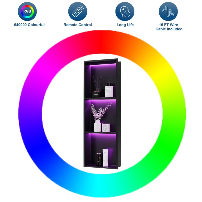 Neohomee 3-Tiers 12x36Inch Wall Niche with RGB LED Light Strips, Matte Black Shower Niche Cabinet, Stainless Steel Bathroom Shelf, NO Tile Needed Recessed Niche Storage Organizer, 80846301 - Image 2