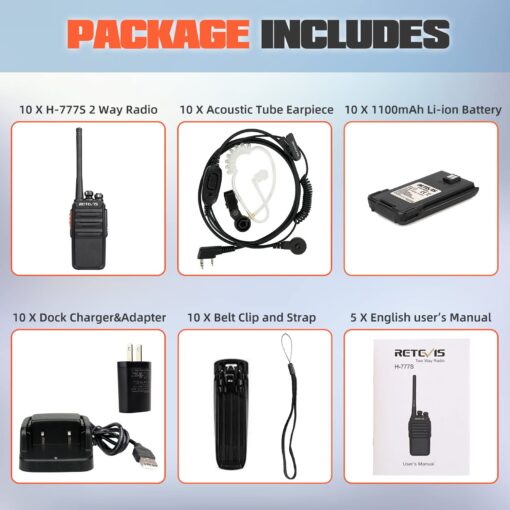 Retevis H-777S Walkie Talkies for Adults, 2 Way Radios with Earpiece and Mic, FRS, Handheld, USB Charging Base, Rugged Two Way Radios Long Range Rechargeable for School Security Church (10 Pack) - Image 4
