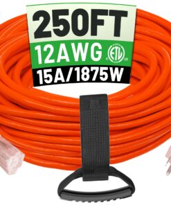 250 ft 12/3 Outdoor Extension Cord Waterproof Heavy Duty with Lighted End 12 Gauge 3 Prong, Flexible Cold-Resistant Long Power Cord Outside, 15Amp 1875W SJTW Orange ETL Listed POWGRN