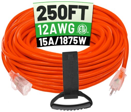 250 ft 12/3 Outdoor Extension Cord Waterproof Heavy Duty with Lighted End 12 Gauge 3 Prong, Flexible Cold-Resistant Long Power Cord Outside, 15Amp 1875W SJTW Orange ETL Listed POWGRN
