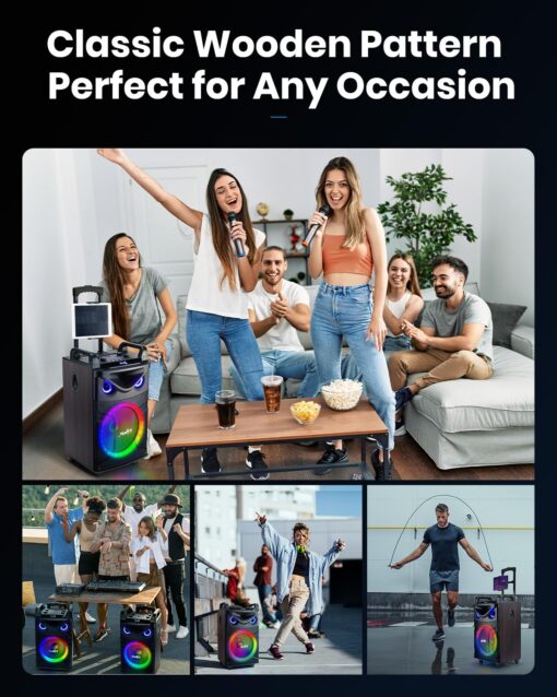 Moukey Karaoke Machine, Wood Pattern 10" Woofer Portable PA System, Bluetooth Speaker with 2 Wireless Microphones, Tablet Holder & Party Lights, Echo/Treble/Bass Adjustment Support REC/AUX/USB/TF - Image 3