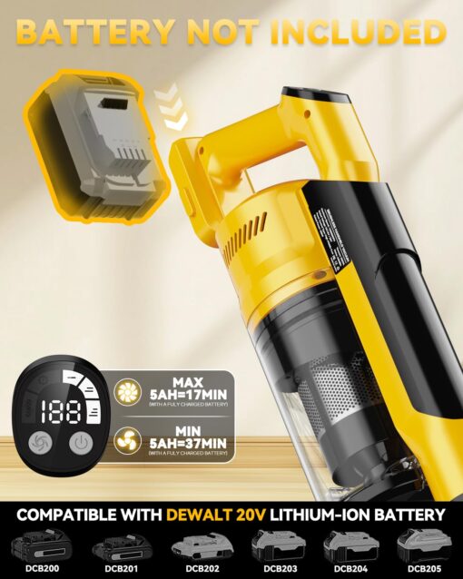 350W Cordless Vacuum Cleaner for Dewalt 20v Battery, 35kPa Brushless Lightweight Stick Vacuum with 3 Mode Suction, 6 in 1 Stick Vacuum Cleaner with HEPA for Floor, Carpet, Car (Battery Not Included) - Image 8