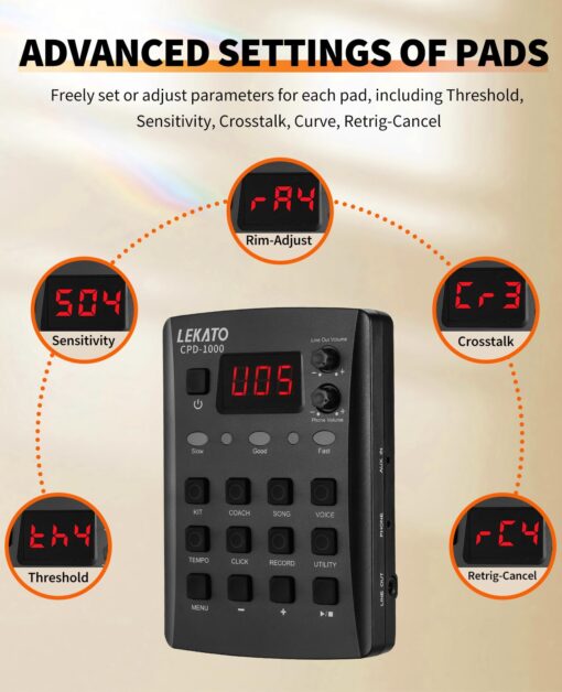LEKATO Electronic Drum Set, Portable Electric Drum Set for Beginner with Quiet Mesh Snare Drum Pads, 220+ Sounds, USB MIDI, 2 Switch Pedal, Electric Drum Kit with Sticks, Travel Bag - Image 6