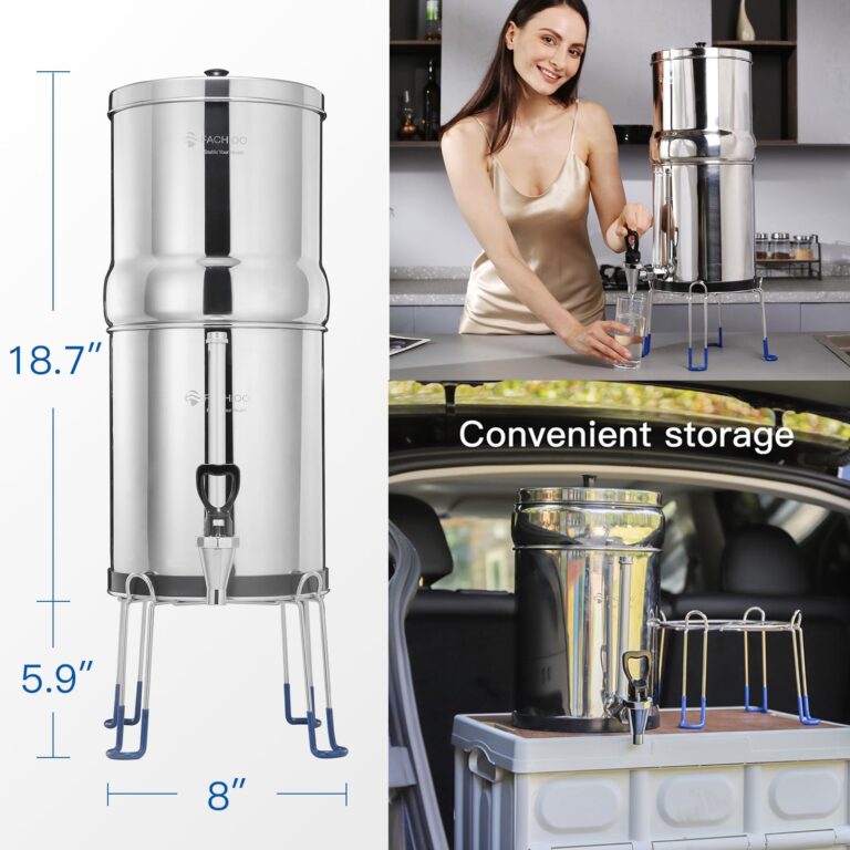 FACHIOO Gravity-fed Water Filter System, 2.25 Gallon Stainless Steel Countertop System with 2 Ceramics Filters Washable Filters, Metal Water Level Spigot and Stand,Reduce up to 99% Chlorine - Image 5
