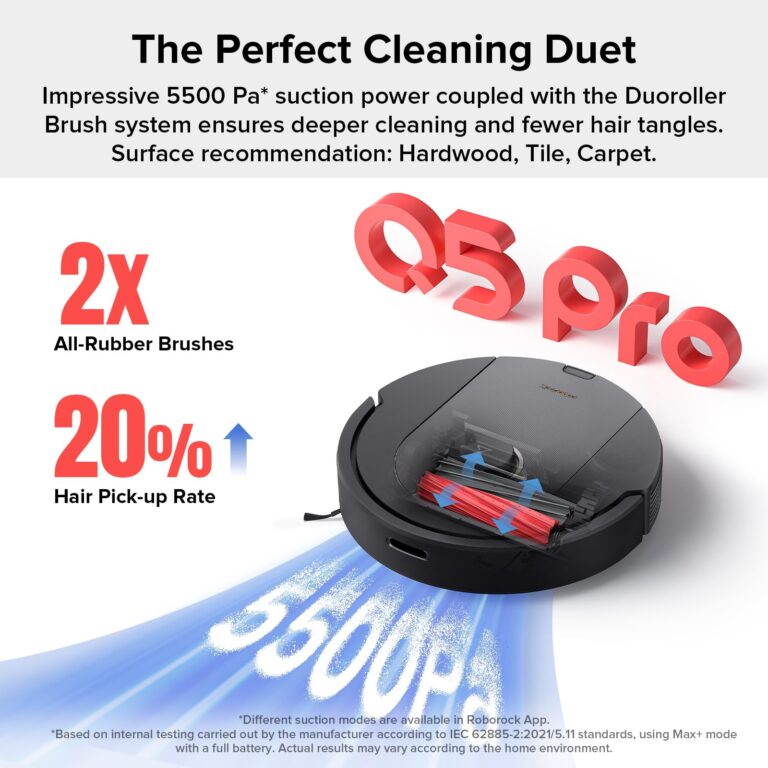 roborock Q5 Pro Robot Vacuum and Mop Combo, 5500Pa Powerful Suction, DuoRoller Brush, LiDAR Navigation, 3D Mapping, Robotic Cleaner for Dirt, Floors, Pet Hair, 240min Runtime, Smart No-Go Zone, Black - Image 8