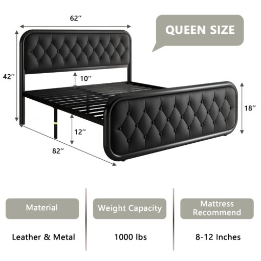 Feonase Full Size Bed Frame, Heavy Duty Bed Frame with Faux Leather Headboard, Upholstered Platform Bed with Strong Metal Slats, 12" Under-Bed Storage, Noise-Free, Easy Assembly, Black - Image 7