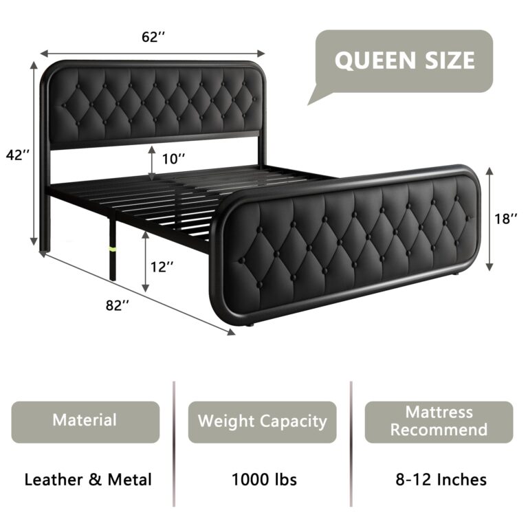 Feonase Full Size Bed Frame, Heavy Duty Bed Frame with Faux Leather Headboard, Upholstered Platform Bed with Strong Metal Slats, 12" Under-Bed Storage, Noise-Free, Easy Assembly, Black - Image 7