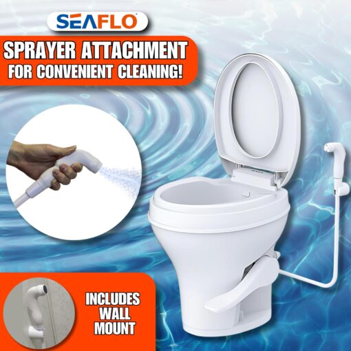SEAFLO Residential Height Camper/RV Toilet with Sprayer Attachment, 18.5” Standard Height, Gravity Flush System, Foot Pedal Operation, Soft Close Seat, 4-Year Warranty (With Sprayer Attachment) - Image 9