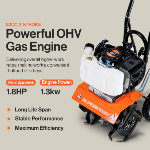 SuperHandy 52cc 2 Stroke Gas Mini Tiller Cultivator - 1.8HP, 4 Adjustable Steel Tines, Forward Rotation, 10" Tilling Width - Ideal for Garden, Lawn, Soil Cultivation, Weed & Digging - Image 6