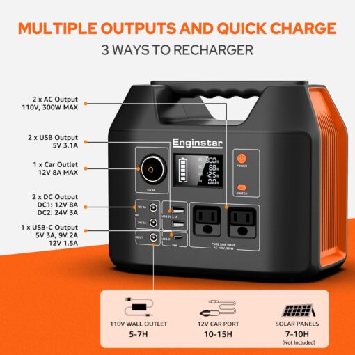 EnginStar Portable Power Station 300W 296Wh Battery Bank with 110V Pure Sine Wave AC Outlet for Outdoors Camping Hunting and Emergency, 80000mAh Backup Battery Power Supply for CPAP - Image 9
