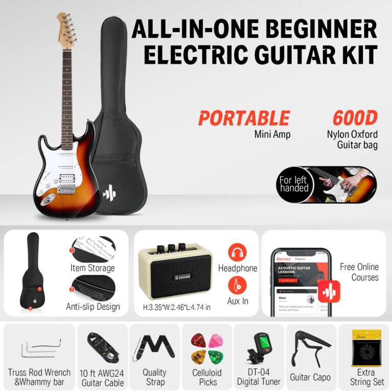 Donner 39 Inch Left-Handed Electric Guitar Kit Solid Body Sunburst Lefty Beginner Set Full-Size with Amplifier Online Lesson Bag Digital Tuner Capo Strap String Cable Picks DST-100SL - Image 6