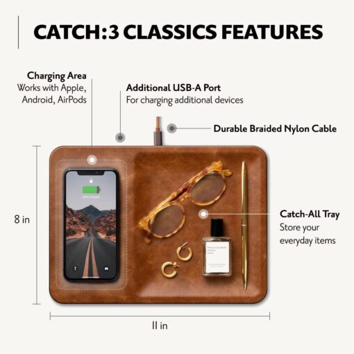 Courant CATCH:3 Classics - Italian Leather Wireless Charging Station and Valet Tray (Saddle) - Compatible with iPhone 16, 15, 14, 13, 12, 11, Galaxy S24, S23, S22, S21, S20, Note, AirPods, AirPods Pro - Image 6