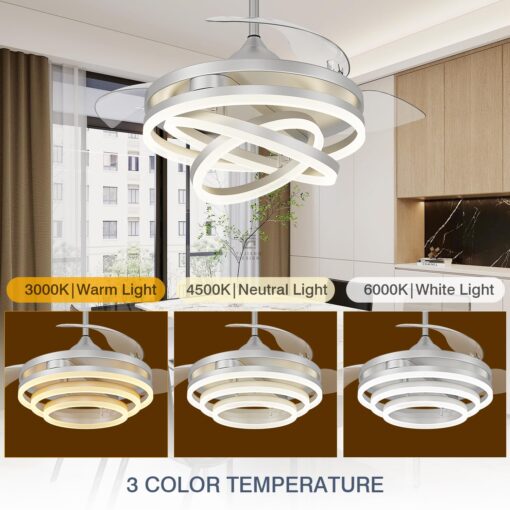 TXCSLY 42 Inch Retractable Ceiling Fan, Chandelier Ceiling Fan with Light DC Motor, 3 Color Tempearture, 6 Wind Speed for Bedroom, Living Room and Dining Room, Silver - Image 9