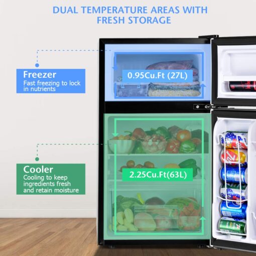 COSTWAY Compact Refrigerator, 3.2 cu ft. Unit 2-Door Mini Freezer Cooler Fridge with Reversible Door, Removable Glass Shelves, Mechanical Control, Recessed Handle for Dorm, Office, Apartment (Grey) - Image 9