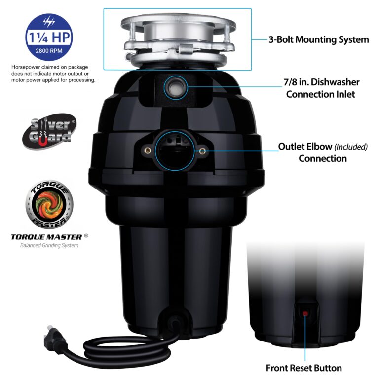 Eco Logic 1 1/4 Horsepower Garbage Disposal with Removeable Splash Guard, Attached Power Cord and Standard 3-Bolt Mounting System, Continuous Feed Disposer - Image 7