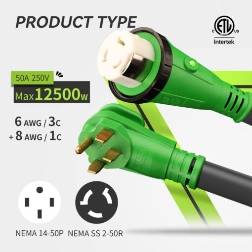 RVMATE 50 Amp 50 Feet RV Lockable Power Extension Cord, Easy Plug in Handle, 14-50P to SS 2-50R with LED Indicator, ETL Listed - Image 6