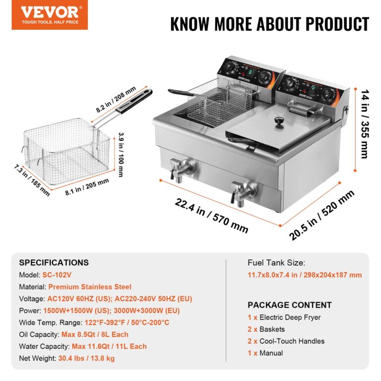 VEVOR Commercial Deep Fryer, Dual Tank 3000W Electric Countertop Fryer with Basket, 2 x 11.6Qt/11L Double Stainless Steel Oil Fryer with Drain, Time & Temp Control, for Kitchen Restaurant Use - Image 4