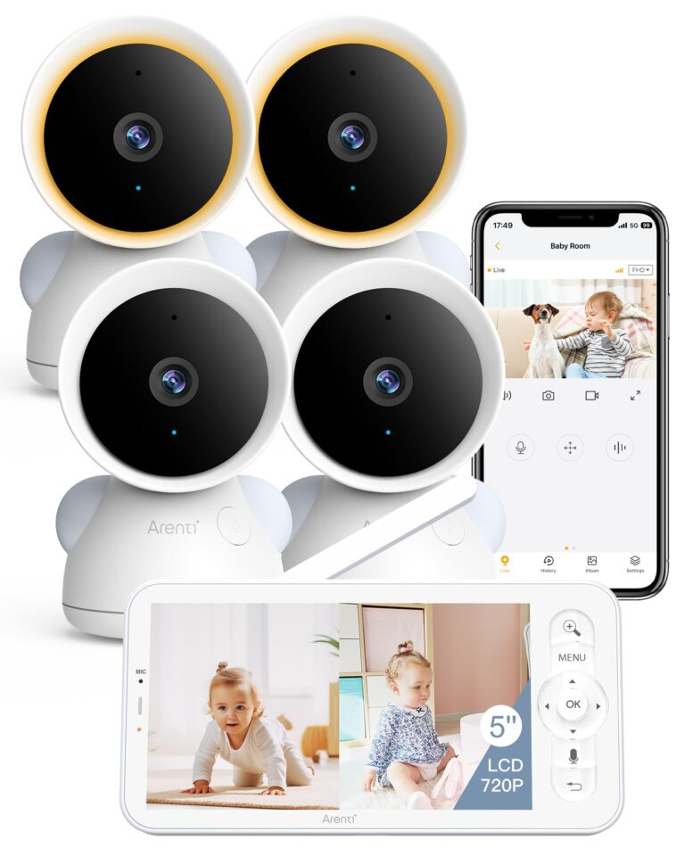 ARENTI Split-Screen Baby Monitor, 5" HD Video Baby Monitor with 4 Cameras and Audio, 720P Color Display,Night Vision, 4X Zoom,Temp& Humidity Sensor(4 Camera)