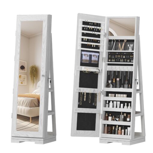 SDHYL 360° Rotating Full-Length Mirror Jewelry Cabinet - Standing Mirror with Jewelry Storage, Makeup Organizer & Lock, 63"x15", Perfect for Girls, Women, and Home Decor