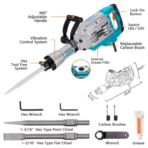 Berserker 1700W 30-Pound Demolition Jack Hammer with 1-3/16" Hex, 14-Amp Corded Electric Heavy Duty Demo Chipping Hammer Concrete/Pavement Breaker with Carrying Case Flat Chisel Bull Point Chisel - Image 8