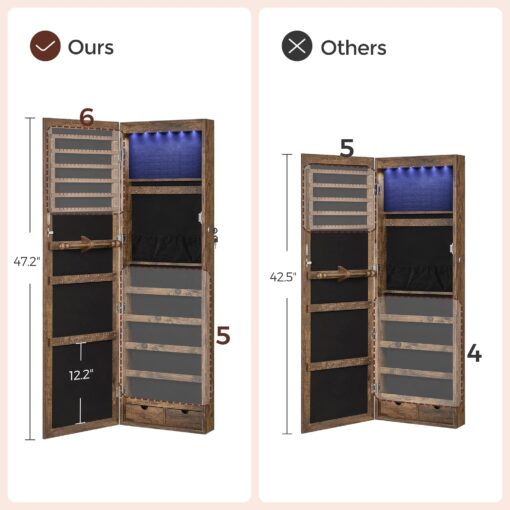 SONGMICS 6 LEDs Mirror Jewelry Cabinet, 47.2-Inch Tall Lockable Wall or Door Mounted Jewelry Armoire Organizer with Mirror, 2 Drawers, 3.9 x 14.6 x 47.2 Inches, Rustic Brown UJJC93CB - Image 4