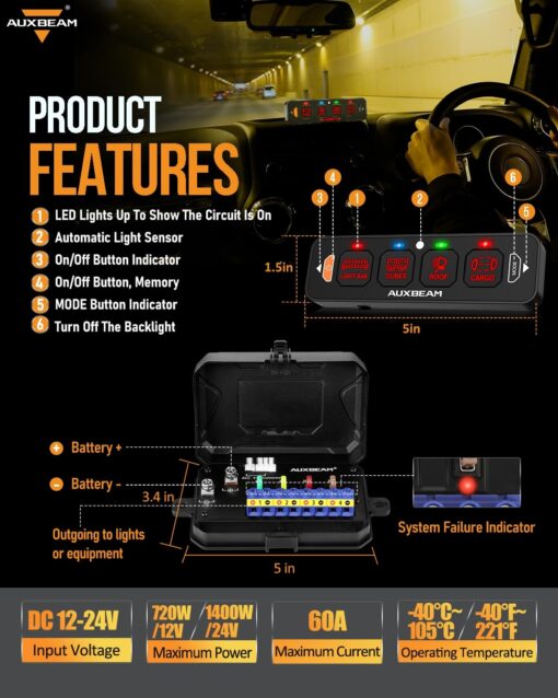 Auxbeam 4 Gang Slim Switch Panel RGB AS-R40 Automatic Dimmable Switch Panel with Toggle Momentary Pulsed LED Control Panel Off Backlight 12-24V for Truck Offroad Car Boat Waterproof, 2-Year Warranty - Image 4